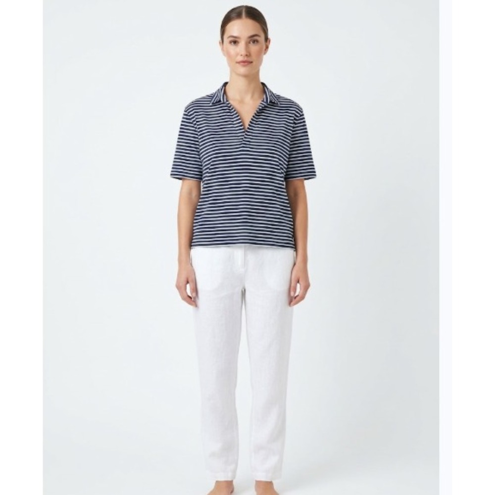 Frank & Eileen Patty Short Sleeve Popover Henley shirt white blue L top striped